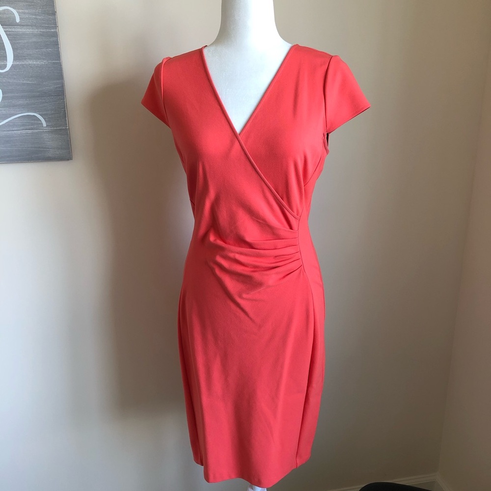Kenneth Cole Coral Ruched V-Neck Dress, Size 4